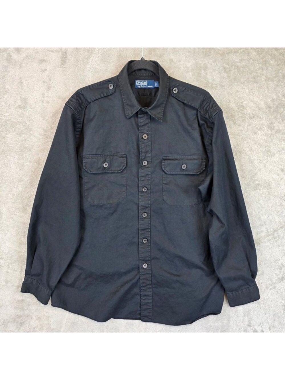 Polo Ralph Lauren Shirt Mens Large Black Military Button Front Utility Pockets
